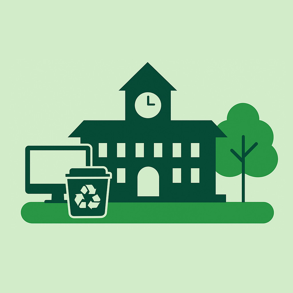 Pictogramă verde cu clădire de primărie, coș de reciclare și echipamente electronice, reprezentând serviciile de colectare DEEE pentru autorități locale oferite de 3R Green SRL.