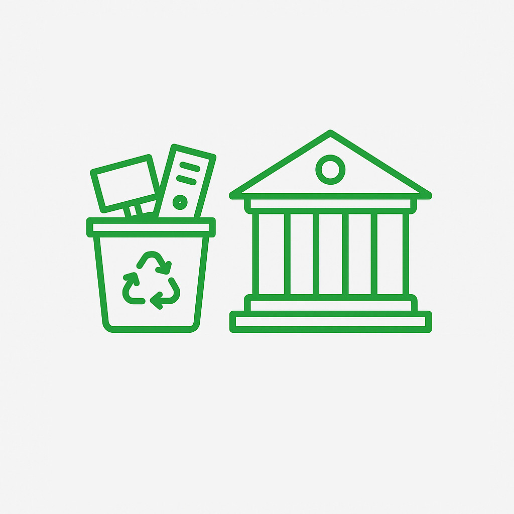 Pictogramă verde cu clădire instituțională și coș de reciclare plin cu echipamente electronice, reprezentând serviciile de colectare DEEE pentru instituții publice oferite de 3R Green SRL.